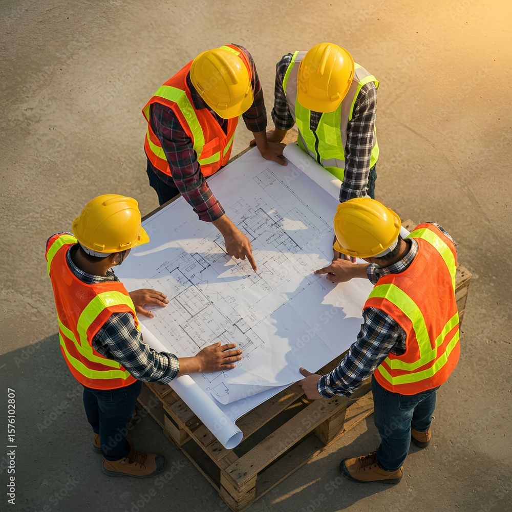 Construction team reviewing building plans