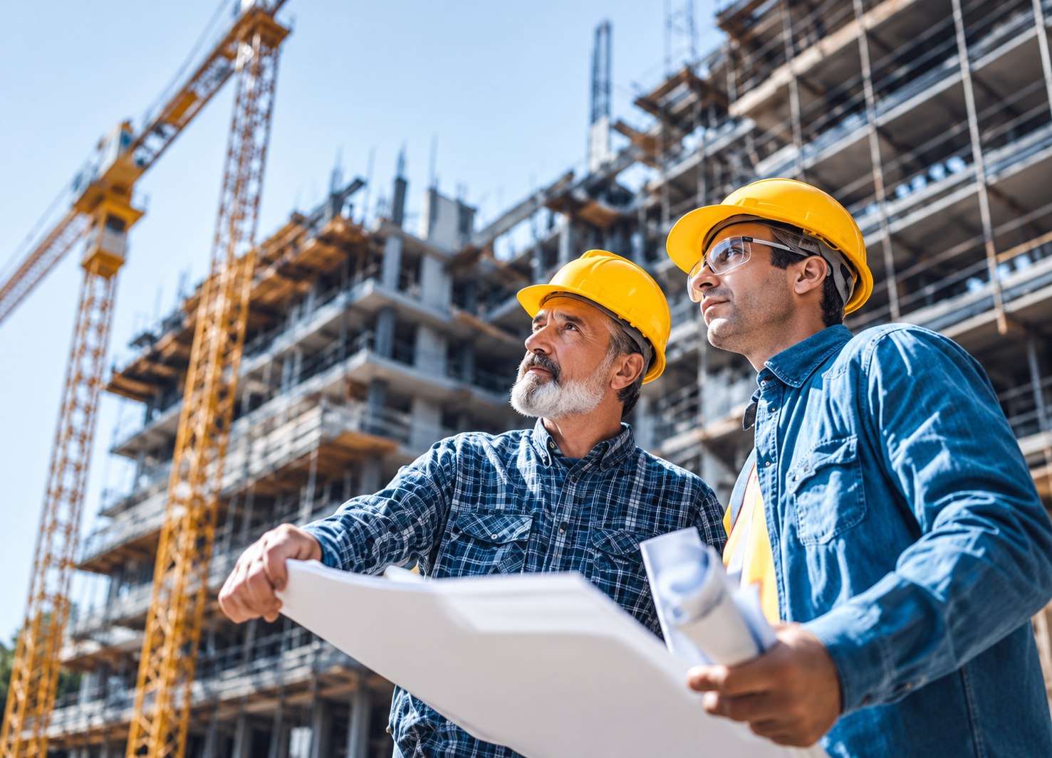 Construction engineers reviewing building plans at an active project site