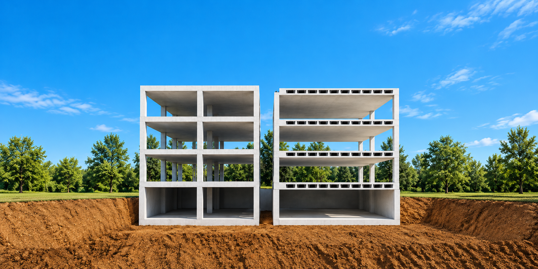 Comparison of conventional concrete construction and a voided slab structure