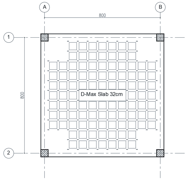 DMAX voided slab structural plan on an 8 m by 8 m grid | مخطط بلاطة DMAX المفرغة على شبكة 8 م × 8 م