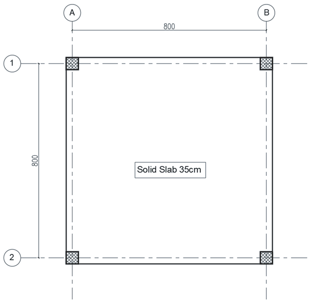 Solid slab structural plan on an 8 m by 8 m grid | مخطط البلاطة المصمتة على شبكة 8 م × 8 م