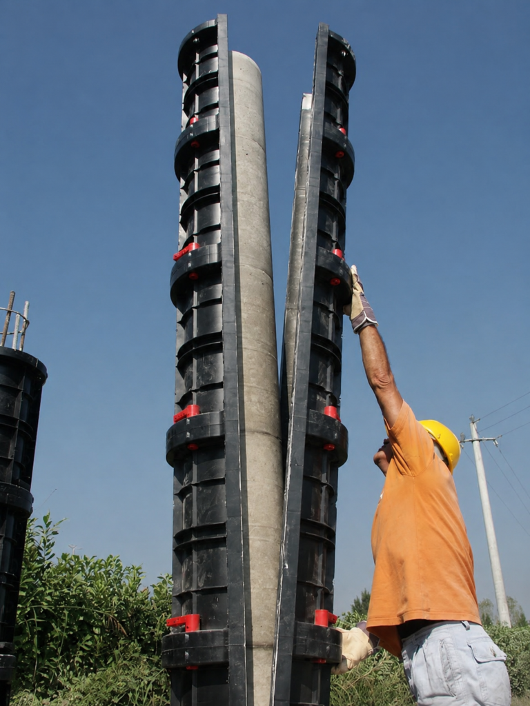 Plastic formwork column installation on a construction site