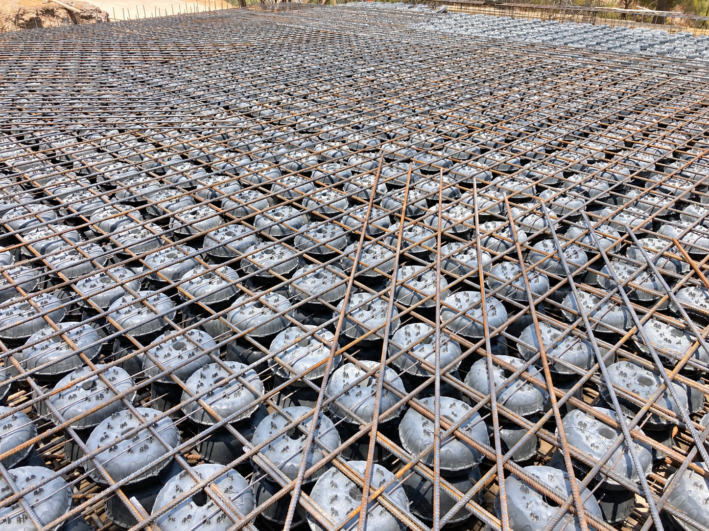 Foermli voided slab installation beneath a reinforcing steel grid